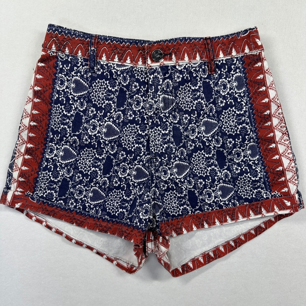 Farm Rio Shorts Small Navy Red Floral Geometric Print High Waist Boho Festival